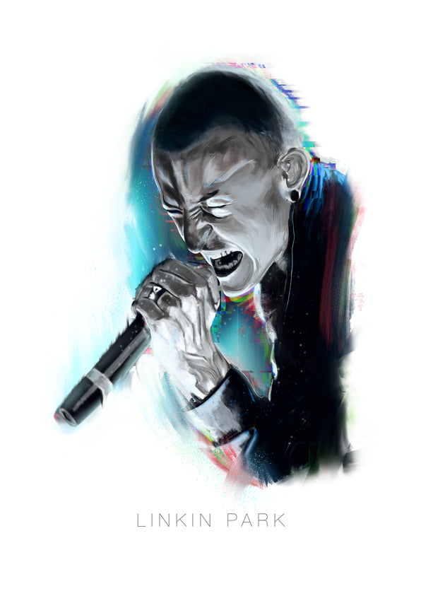 Linkin Park Chester Bennington digital art print screams on a microphone for a concert created in digital painting