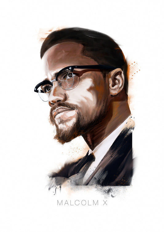 Malcolm X digital art print portrait gazes as he thinks through white space in this minimalism style painting