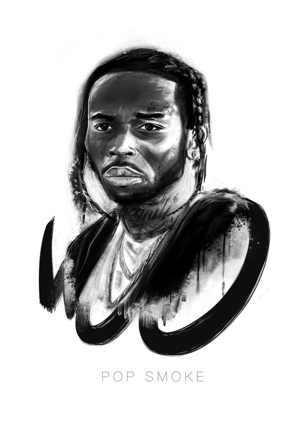 Greyscale Hip Hop artist Pop Smoke charcoal digital fine art print urban and minimalist style 