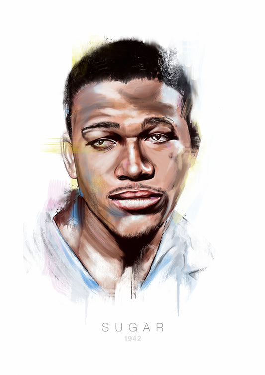 Boxer Sugar Ray Robinson in 1942 printed in a contemporary and minimalist style in a digital oil painting.