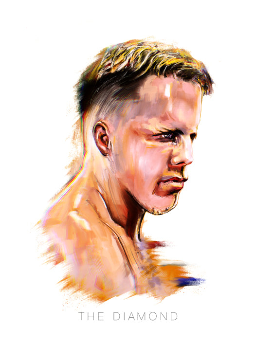 Dutch Kickboxer legend Ramon The Diamond Dekkers painted in a digital oil technique gazes at white space around him